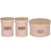 Jogo 3 Porta Condimentos Açúcar e Café 1L e Porta Biscoitos 3,50L Metal com Tampas de Bambu Yoi Rosa